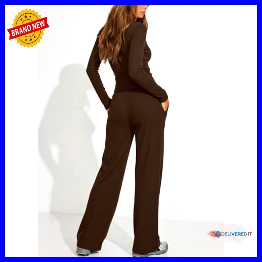 Small Cotton Blend Lounge Set Long Sleeve Henley Wide Leg Pants - Picture 2 of 7